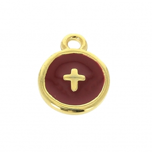 Breloque ronde motif croix en résine époxy 10 mm doré à l'or fin/Bordeaux x1