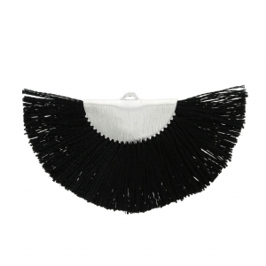 Pendentif éventail demi-lune franges pompons 25x47 mm Noir/argentéx1
