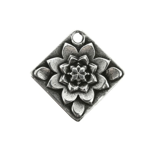 Pendentif losange fleur 21mm - Placage Argent fin vieilli x1