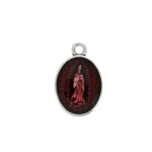 Pendentif médaille ovale symbole religieux/résine époxy 17x11mm Arg vieil/Rouge x1