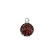 Breloque médaille ronde symbole religieux/résine époxy 13x9 mm Arg vieil/Rouge x1
