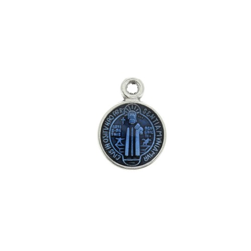 Breloque médaille ronde symbole religieux/résine époxy 13x9mm Arg vieilli/Bleu x1