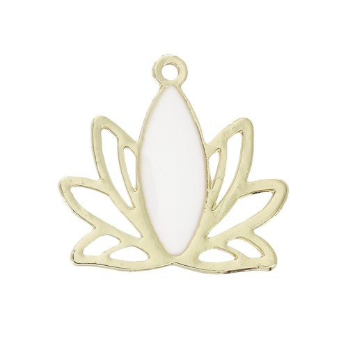 Pendentifs Fleur de lotus en laiton et résine époxy 15x16 mm Doré / Blanc x4