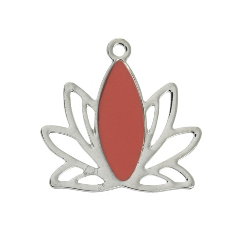 Pendentifs Fleur de lotus en laiton et résine époxy 15x16 mm Argenté / Corail x4