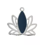 Pendentifs Fleur lotus en laiton et résine époxy 15x16 mm Argenté/Bleu Pétrole x4