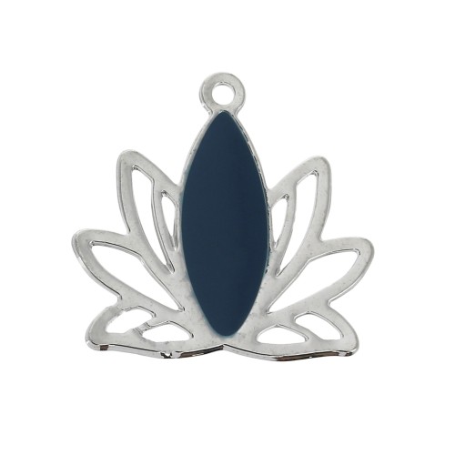Pendentifs Fleur lotus en laiton et résine époxy 15x16 mm Argenté/Bleu Pétrole x4