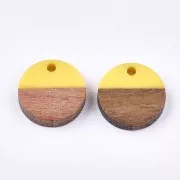 Pendentif rond en résine imitation bois 15 mm - Jaune / Marron x1