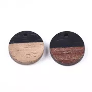 Pendentif rond en résine imitation bois 15 mm - Noir / Marron x1