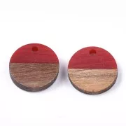 Pendentif rond en résine imitation bois 15 mm - Rouge / Marron x1