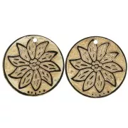 Pendentifs ethniques en corne avec gravure fleur - forme rond 50 mm Noir/Marron x2