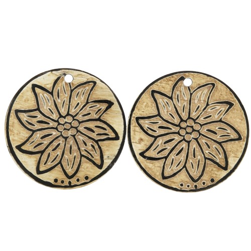 Pendentifs ethniques en corne avec gravure fleur - forme rond 50 mm Noir/Marron x2