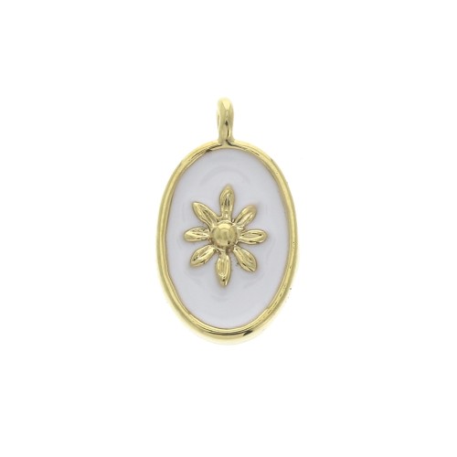 Breloque médaille ovale motif soleil résine époxy 14.5x8mm Doré Or fin blanc x1