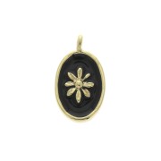 Breloque médaille ovale motif soleil résine époxy 14.5x8 mm Doré Or fin noir x1