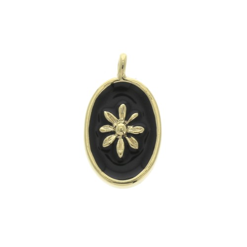 Breloque médaille ovale motif soleil résine époxy 14.5x8 mm Doré Or fin noir x1