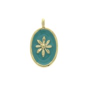 Breloque médaille ovale motif soleil résine époxy 14.5x8mm Doré Or Fin turquois x1