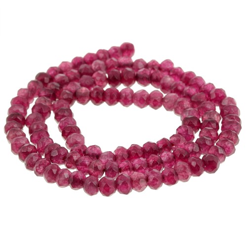 Perles rondes aplaties facettées 4x3mm pierre gemme teintée Quartz Fuschia x35cm