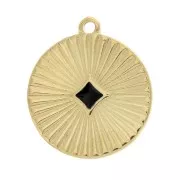 Breloque médaille effet plissé et résine époxy motif carreau 20mm - Doré à l'or fin/ Noir x1