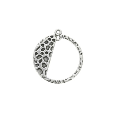 Pendentif rond martelé semi-ajouré 2 anneaux 24.5x22mm -Placage Argent fin vieilli