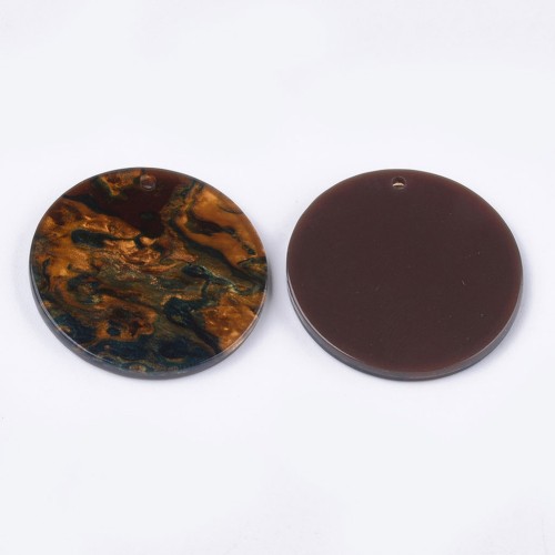 Pendentif rond en acétate de cellulose 28 mm - Marbré Marron - Bleu x1