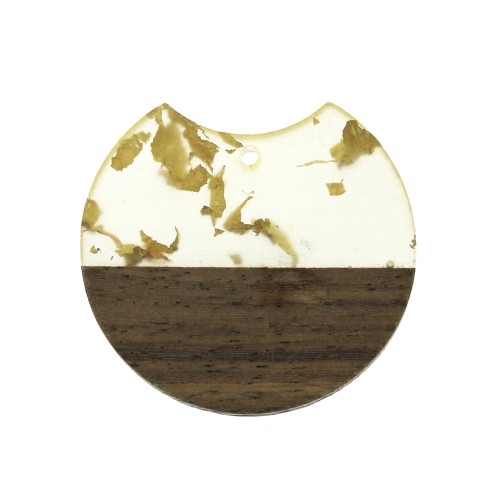 Pendentif disque découpé 34x36.5 mm résine imitation bois avec fragments dorés x1
