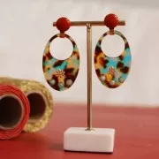 Pendentif ovale ajouré en acétate 48.5x32 mm - Ecaille de tortue Marron - Bleu x1