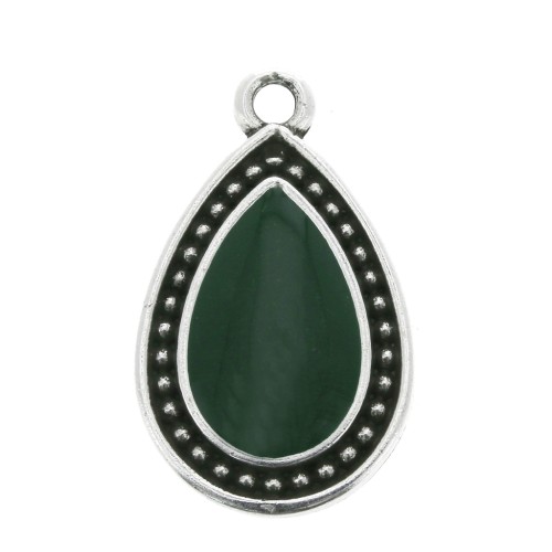 Pendentif goutte travaillé - résine époxy 21x12 mm Argenté vieilli - Vert sapin x1