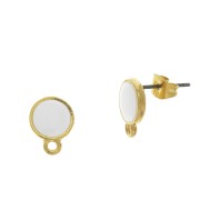 Clous d'oreilles rond en résine époxy avec anneau 11.5x9 mm - Doré à l'or fin - Blanc x2