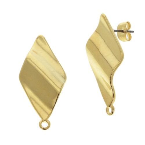 Clous d'oreilles losange ondulé avec anneau 32x15 mm - Doré à l'or fin x2