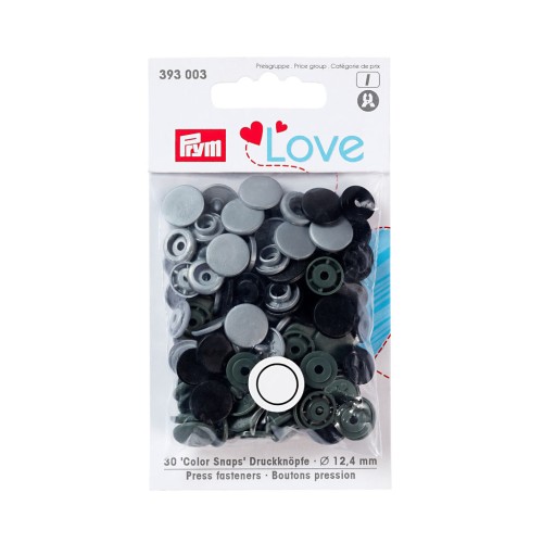 30 boutons à pression Prym en plastique Color Snaps 12.4 mm Noir -Gris -Gris clair