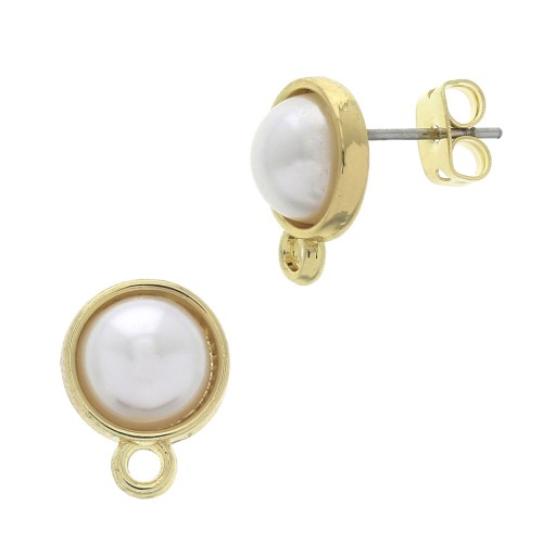 Clous d'oreilles ronds avec perle imitation nacre & anneaux 13x10mm Blanc -Doré à l'or fin x2
