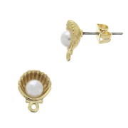 Clous d'oreilles coquillages avec perle imitation nacre 11.5x9 mm Doré à l'or fin - Blanc x2