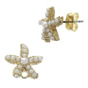 Clous d'oreilles étoiles de mer avec perles imitation nacre 12 mm Blanc - Doré à l'or fin x2|raw }}