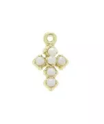 Mini breloque croix en zamac avec perles imitation nacre 10x6 mm - Blanc - Doré x1