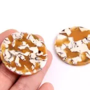 Pendentif rond en acétate de cellulose 35 mm - Ecaille de tortue Ocre - Blanc x1