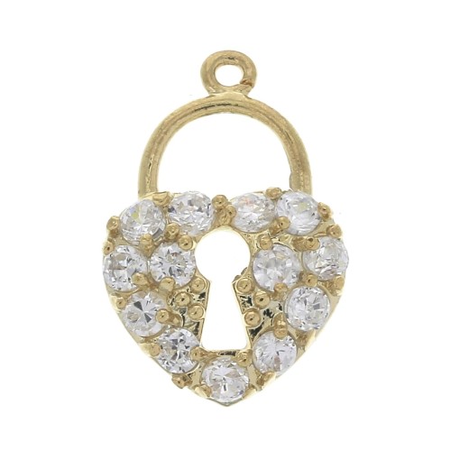 Breloque cadenas forme coeur &  Oxydes de Zirconium- anneau ouvert 16x10.5mm Doré - Crystal x1