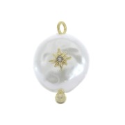 Pendentif rond irrégulier imitation nacre & étoile  Oxyde de Zirconium 18x12mm Blanc - Doré x1