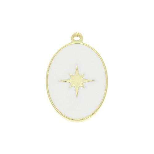 Breloque ovale motif étoile - résine époxy Blanc 17x11 mm - Argent 925 Doré x1