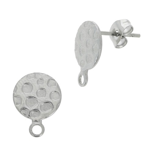 Clous d'oreilles disque martelé 10 mm avec un anneau fermé - Acier inox 304L x2