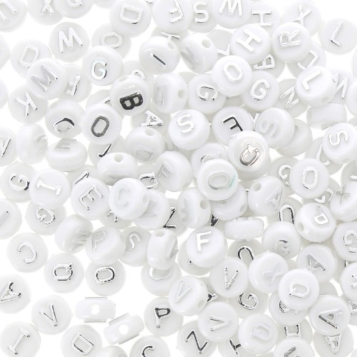 Assortiment de 200 perles plates lettres alphabet en relief 9.5 mm Blanc - Argenté
