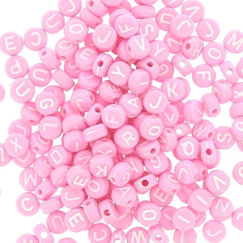 Assortiment de 200 perles plates lettres alphabet 7 mm - Rose - Blanc