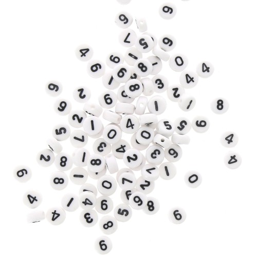 Assortiment de 100 perles plates rondes chiffres 7 mm - Blanc - Noir