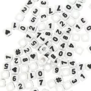 Assortiment de 100 perles chiffres et symboles cubes 7 mm - Blanc - Noir