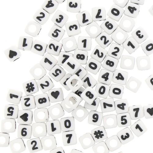 Assortiment de 100 perles chiffres et symboles cubes 7 mm - Blanc - Noir