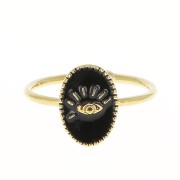 Bague ovale réglable en laiton avec résine époxy - motif oeil - Doré à l'or fin - Noir x1