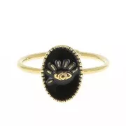 Bague ovale réglable en laiton avec résine époxy - motif oeil - Doré à l'or fin - Noir x1