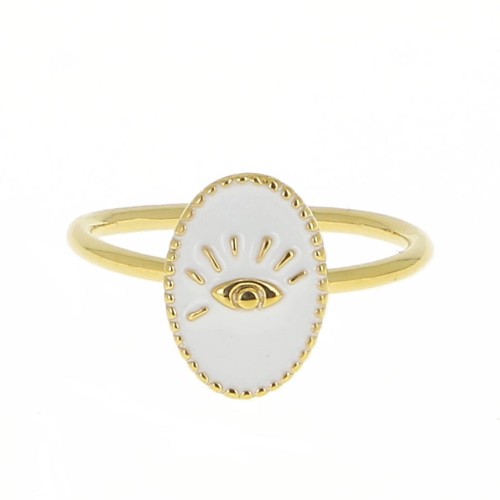 Bague ovale réglable avec résine époxy - motif oeil  - Doré à l'or fin - Blanc x1