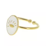 Bague ovale réglable avec résine époxy - motif oeil  - Doré à l'or fin - Blanc x1