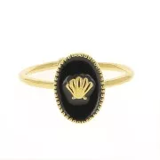 Bague ovale réglable - résine époxy - motif coquillage - Doré à l'Or Fin - Noir x1