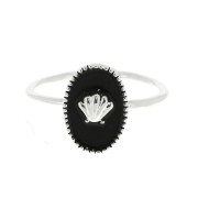 Bague ovale réglable avec résine époxy - coquillage - Placage argent fin - Noir x1|raw }}