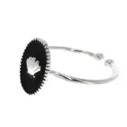 Bague ovale réglable avec résine époxy - coquillage - Placage argent fin - Noir x1